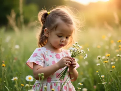 Toddler Girl Holding Wildflowers in a Sunny Meadow