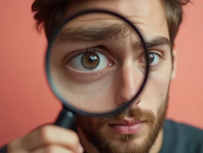 Man Examining Eye Through A Magnifying Glass