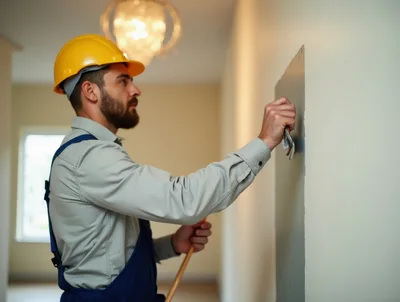 Construction Worker Applying Gray Paint To Interior Wall