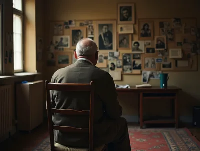 Elderly Man Sitting Alone Looking At Wall Of Memories