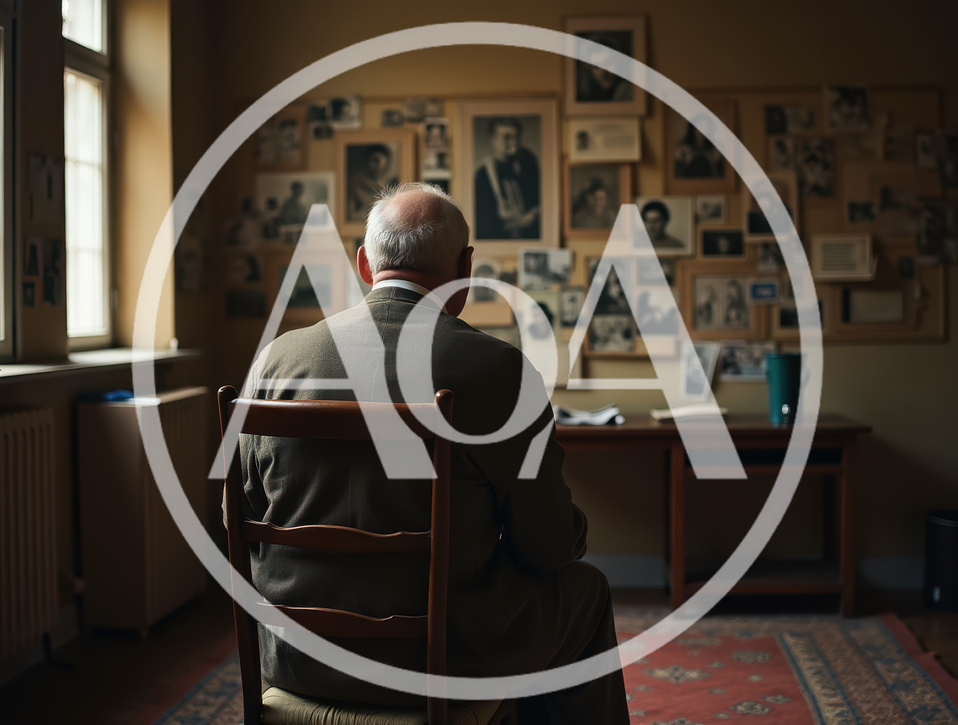 Elderly Man Sitting Alone Looking At Wall Of Memories