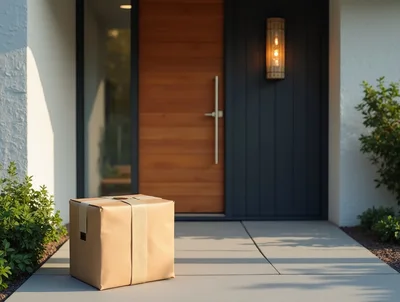 Cardboard Package Delivered To A Modern Front Door