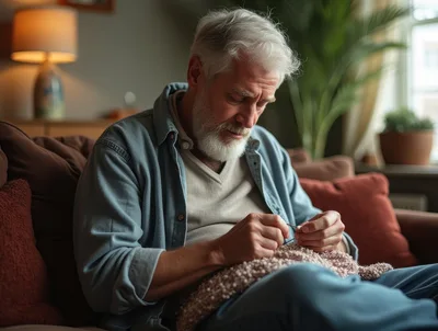 Senior Man Knitting On A Sofa