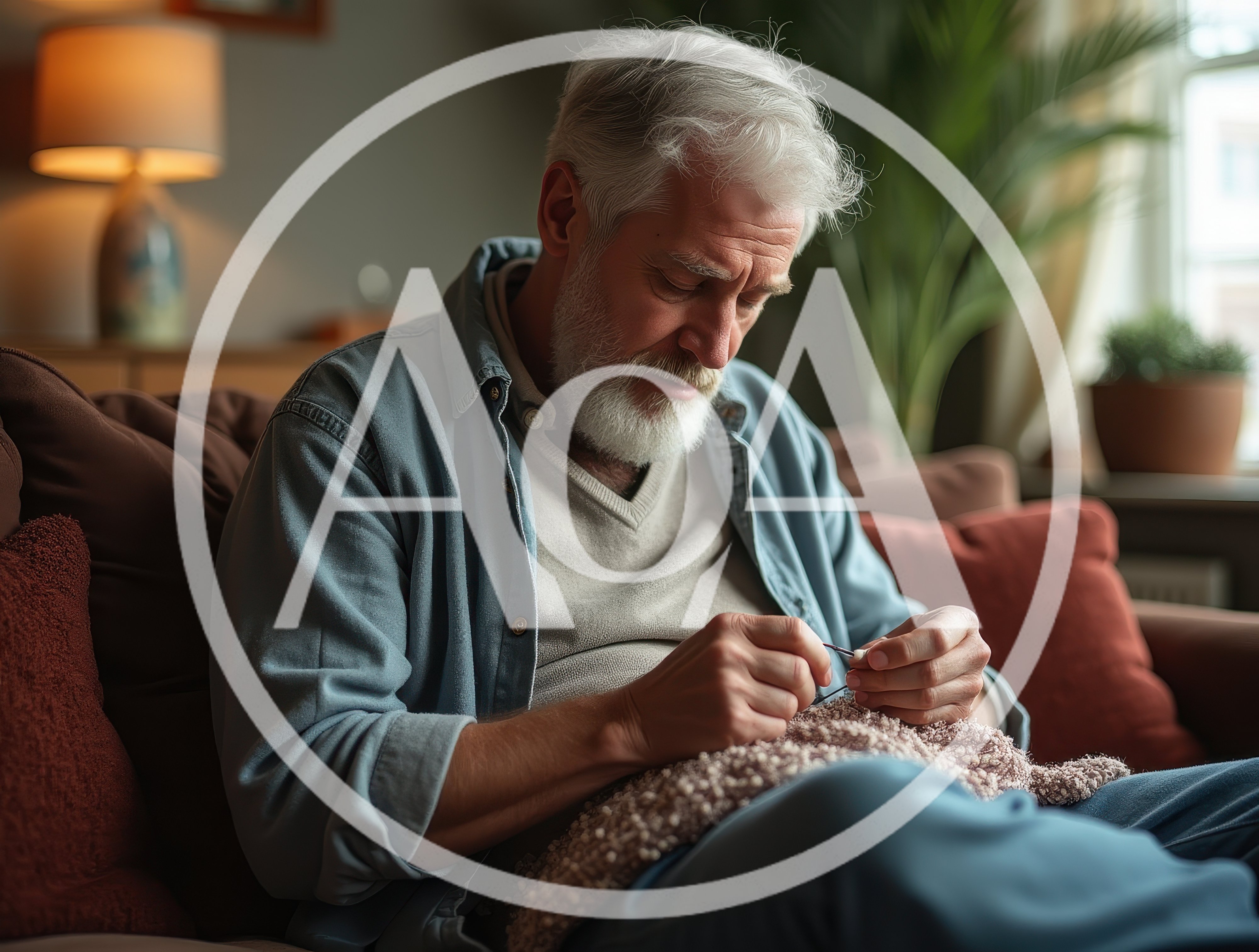 Senior Man Knitting On A Sofa