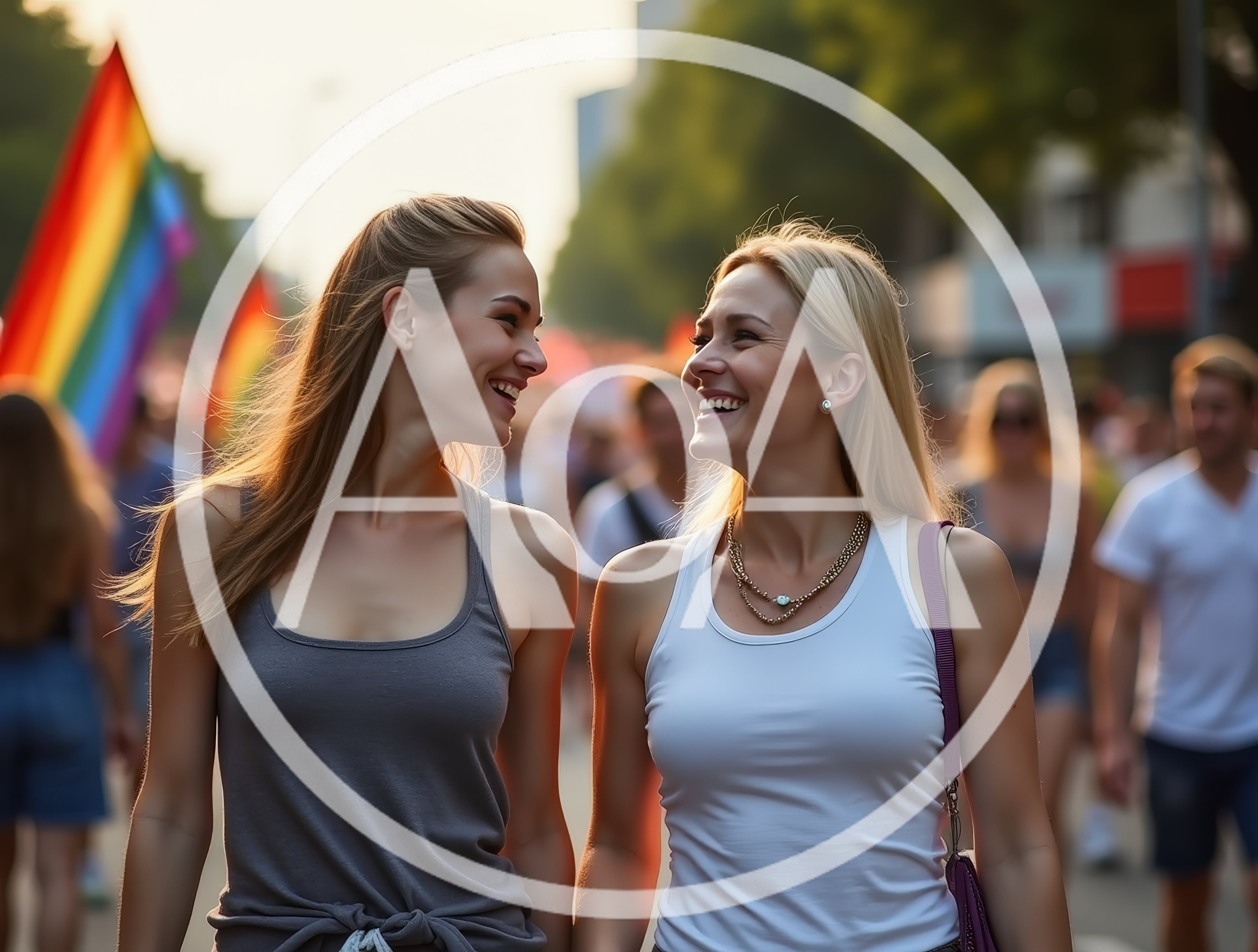 Two Happy Women Walking Together at Pride Parade