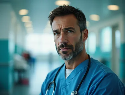 Portrait Of A Serious Male Doctor In Hospital Corridor