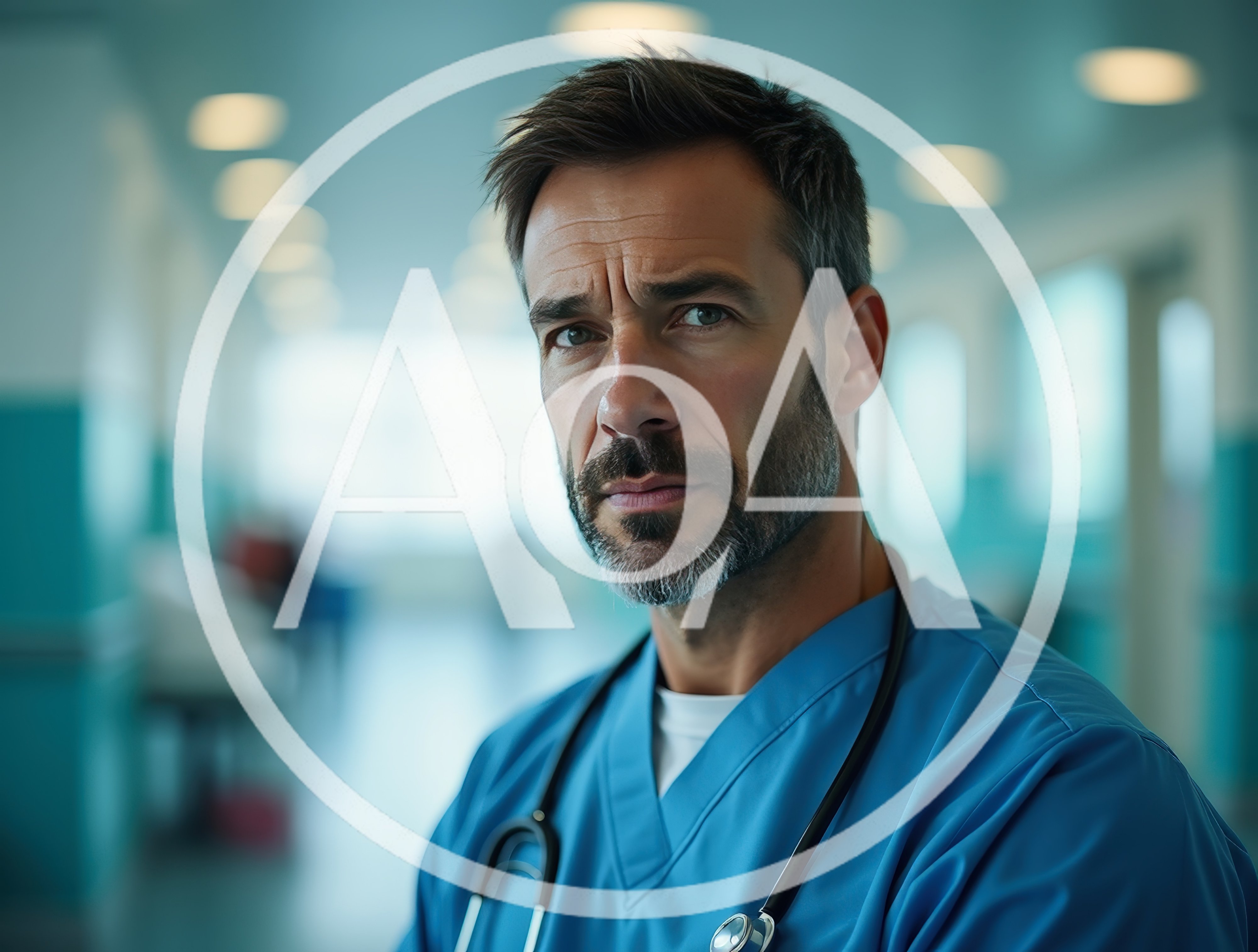 Portrait Of A Serious Male Doctor In Hospital Corridor