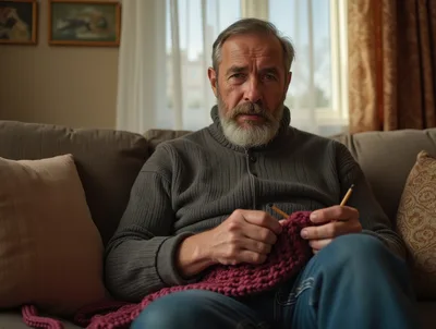 Senior Man Knitting On A Sofa