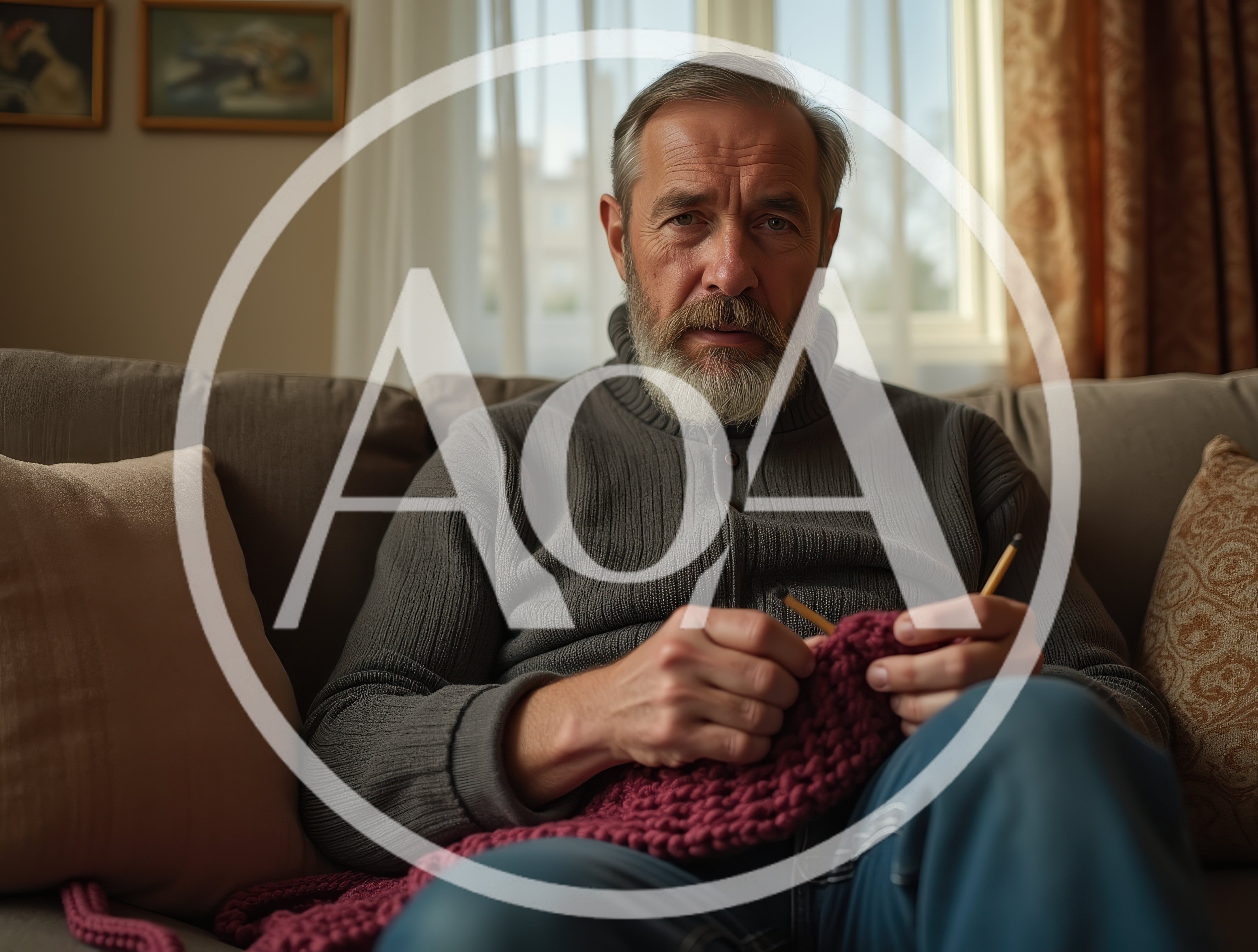 Senior Man Knitting On A Sofa