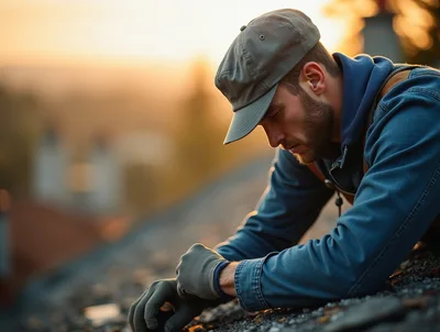 Tired Roofer Working On A Residential Roof At Sunset
