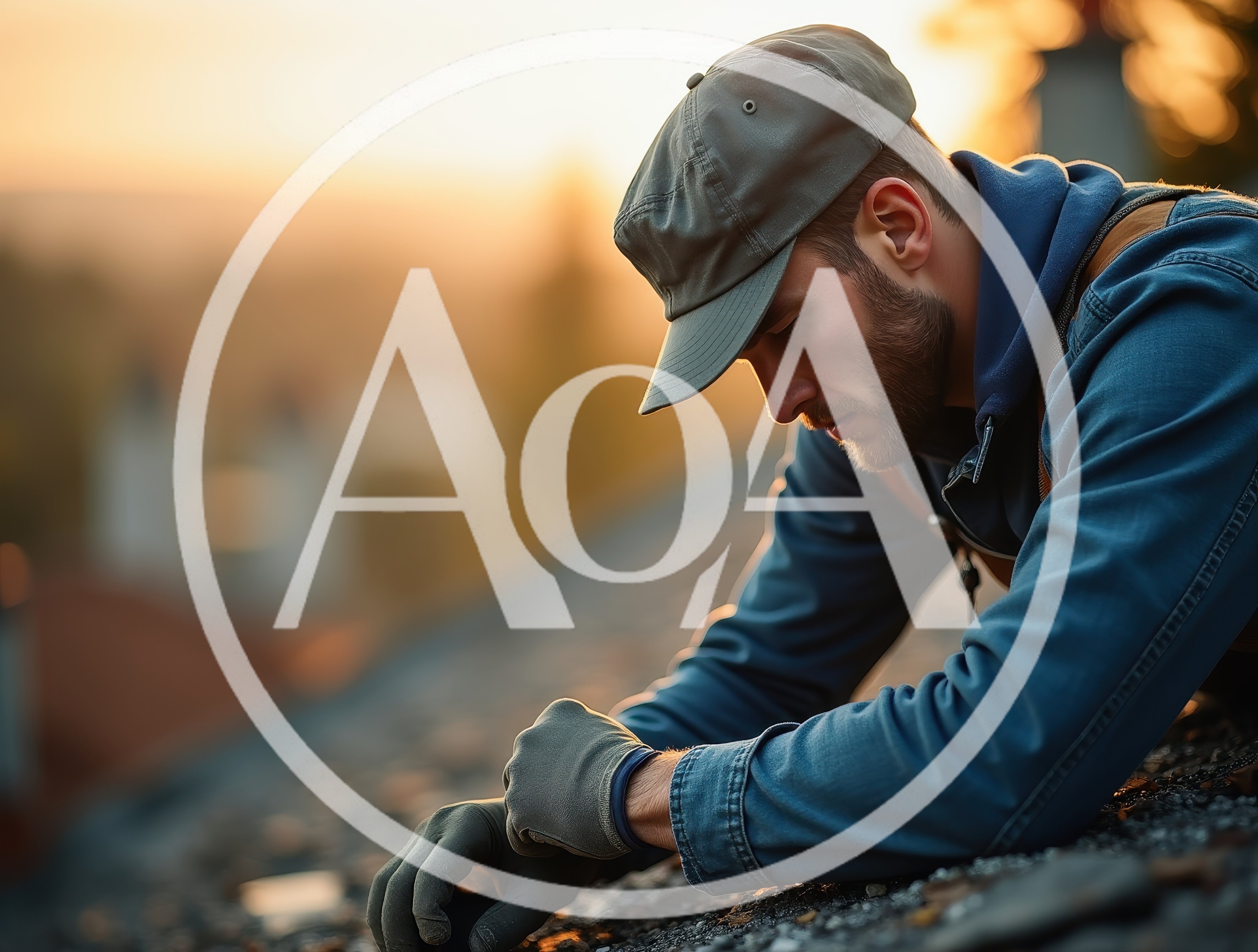 Tired Roofer Working On A Residential Roof At Sunset