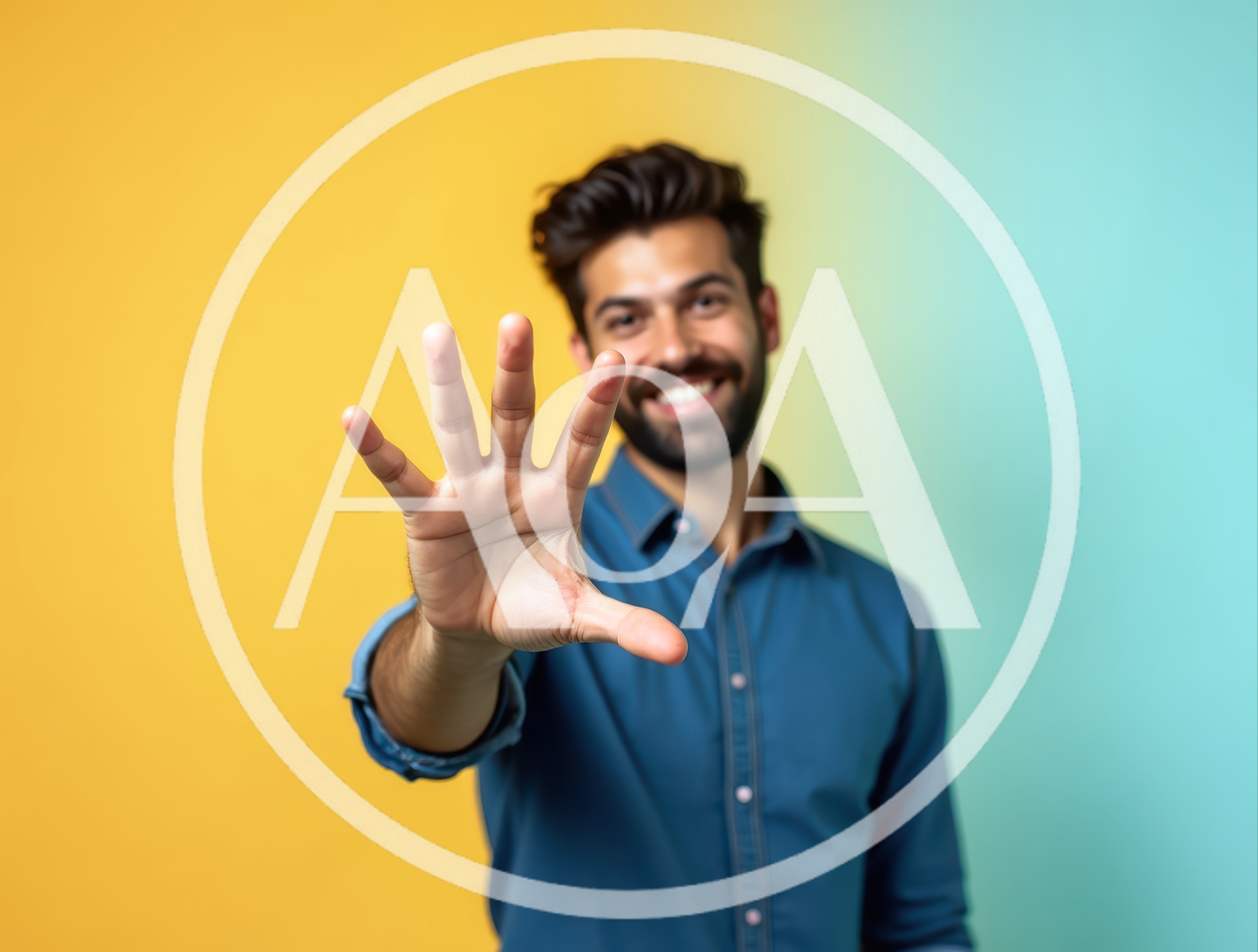 Smiling Man Showing Five Fingers Against Colorful Background