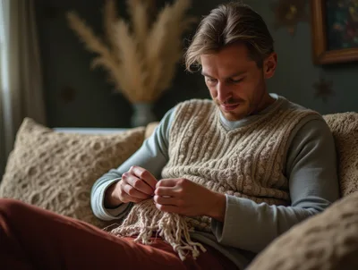 Man Knitting A Beige Woolen Garment On A Sofa