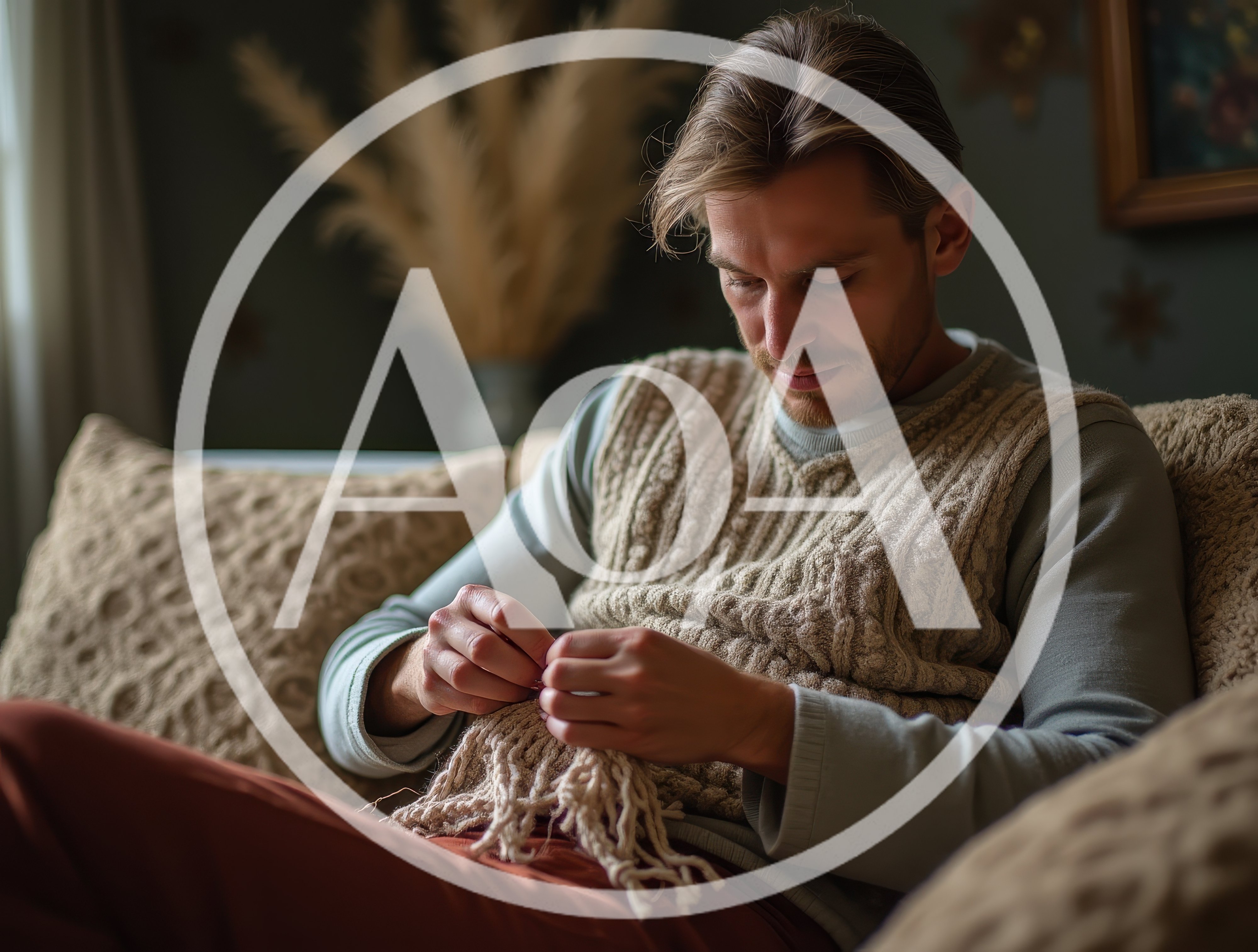 Man Knitting A Beige Woolen Garment On A Sofa