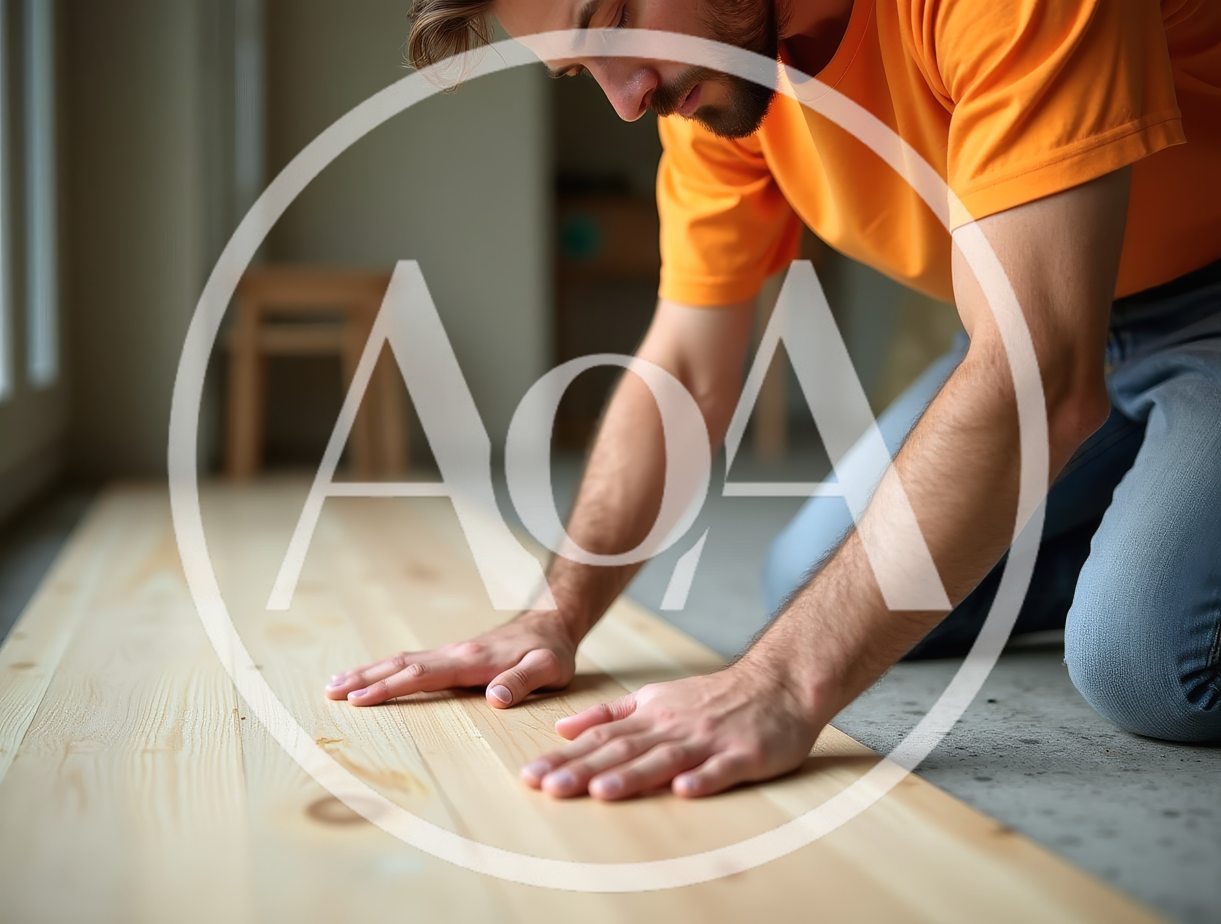 Man Installing Natural Pine Wood Floor Planks