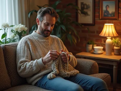 Middle Aged Man Knitting On A Sofa