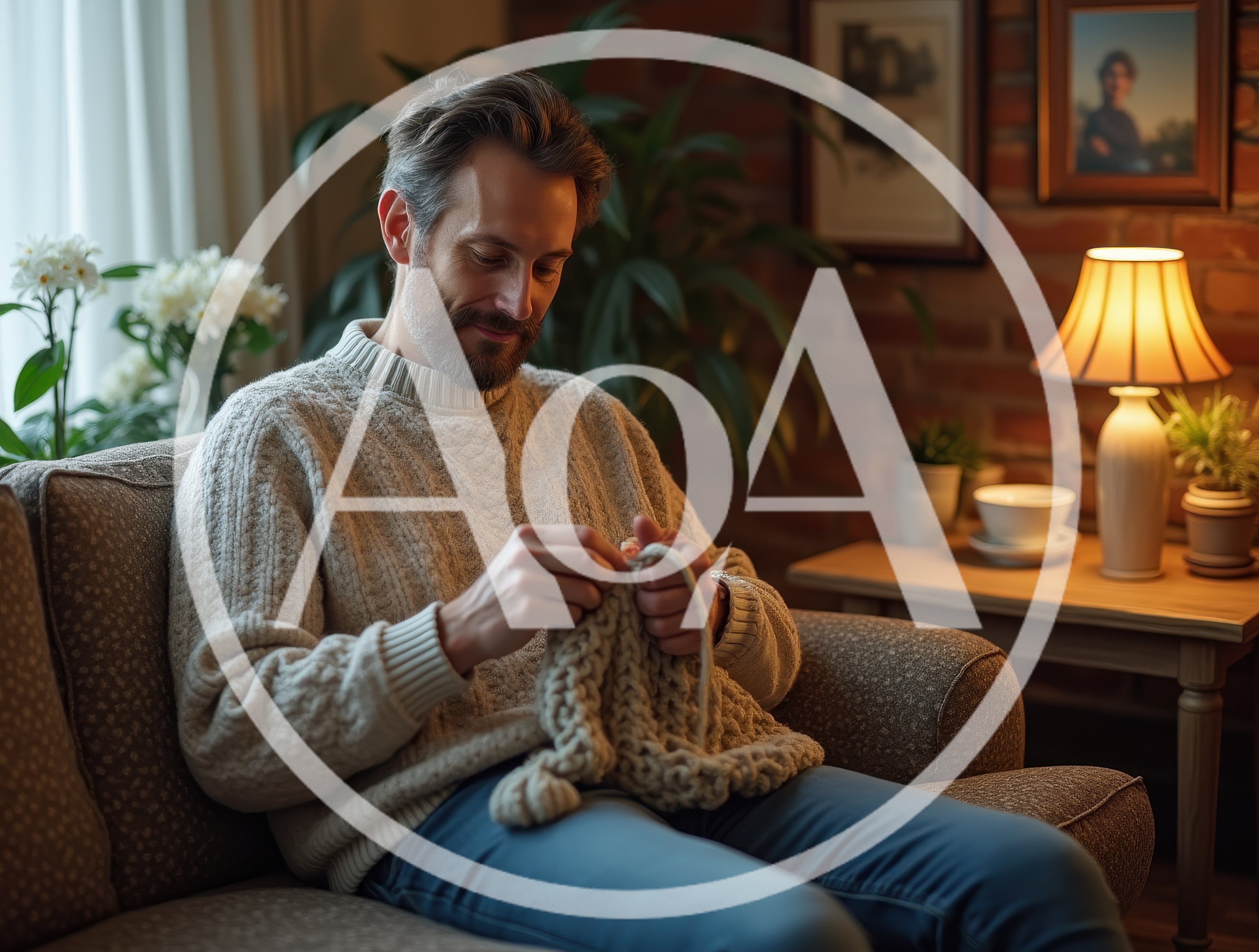 Middle Aged Man Knitting On A Sofa