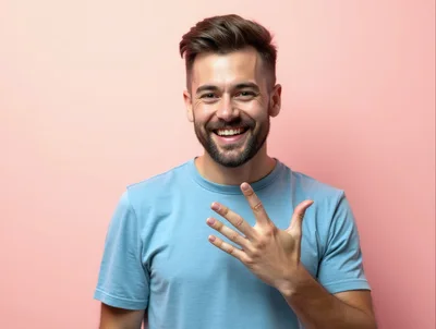 Smiling Man Showing Five Fingers Against Pink Background