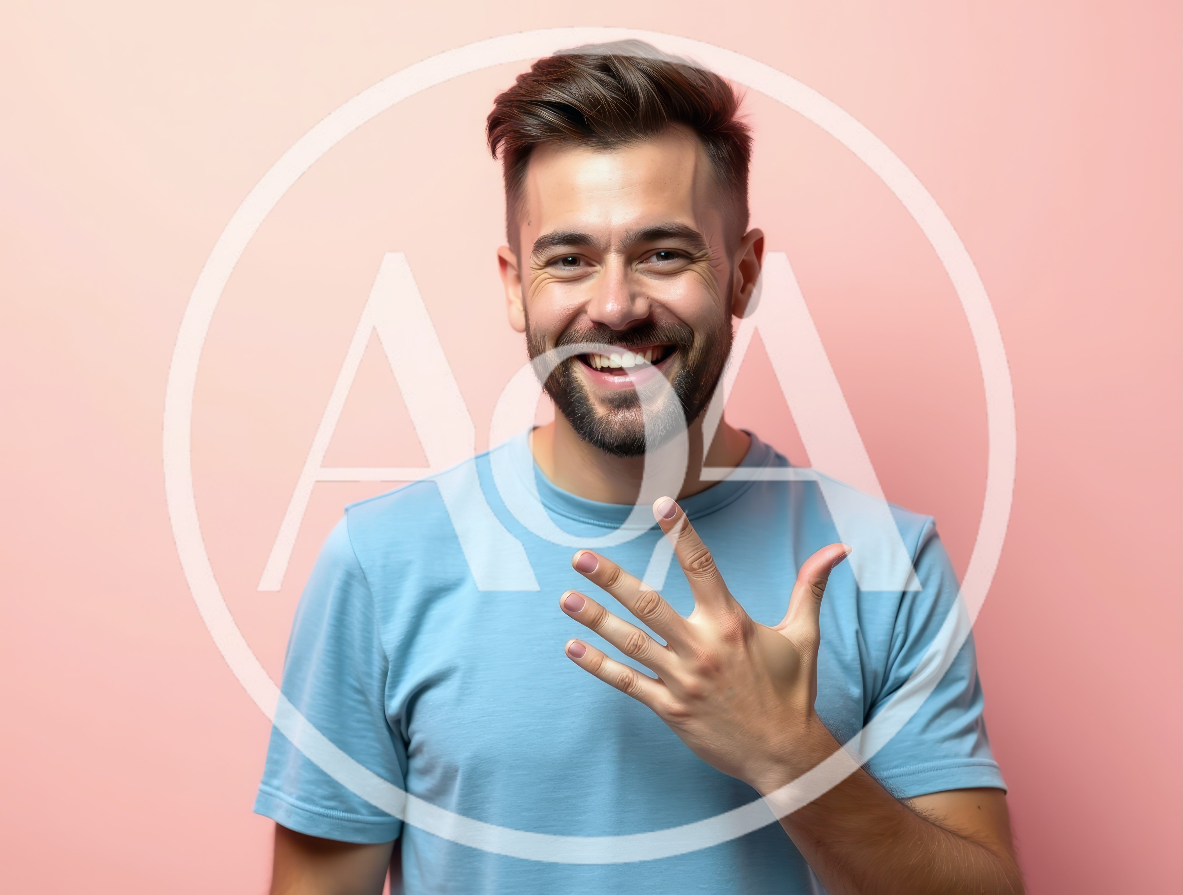 Smiling Man Showing Five Fingers Against Pink Background