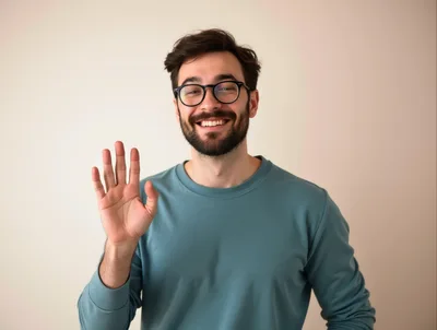 Smiling Man Waving Hello Against Neutral Background