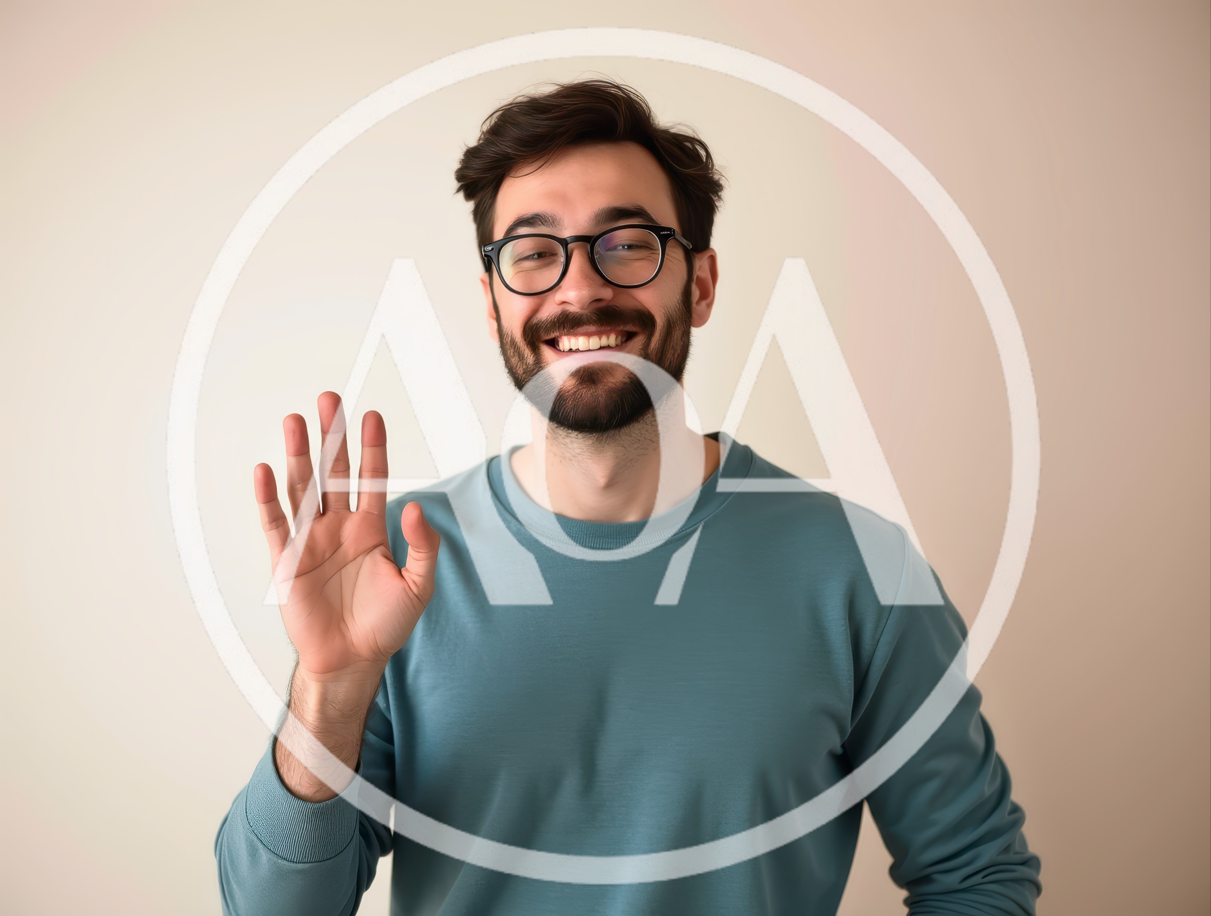 Smiling Man Waving Hello Against Neutral Background