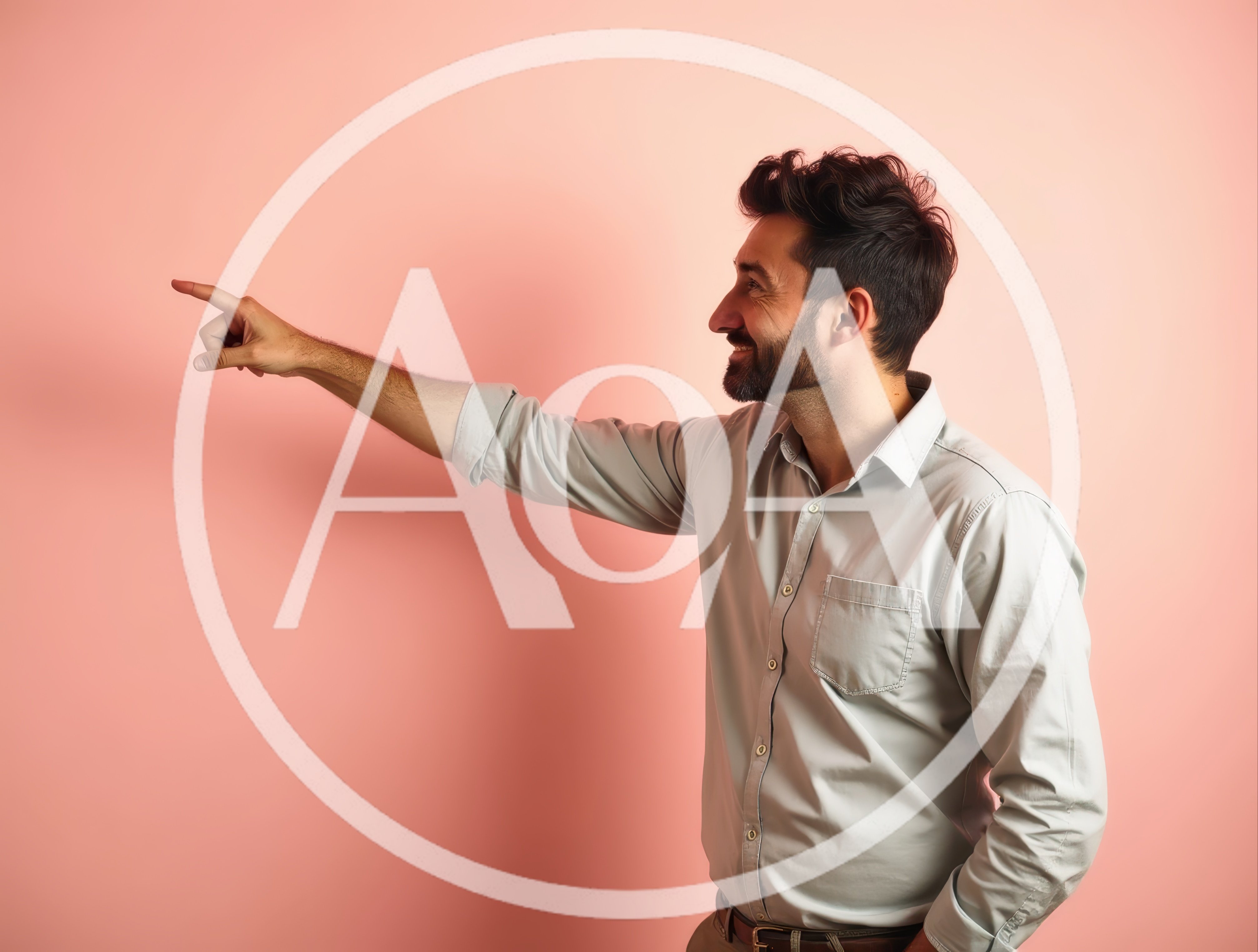 Man Pointing To The Side Against Pink Background