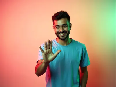 Smiling Young Man Waving Hand In Studio