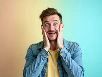 Surprised Young Man With Hands On Cheeks