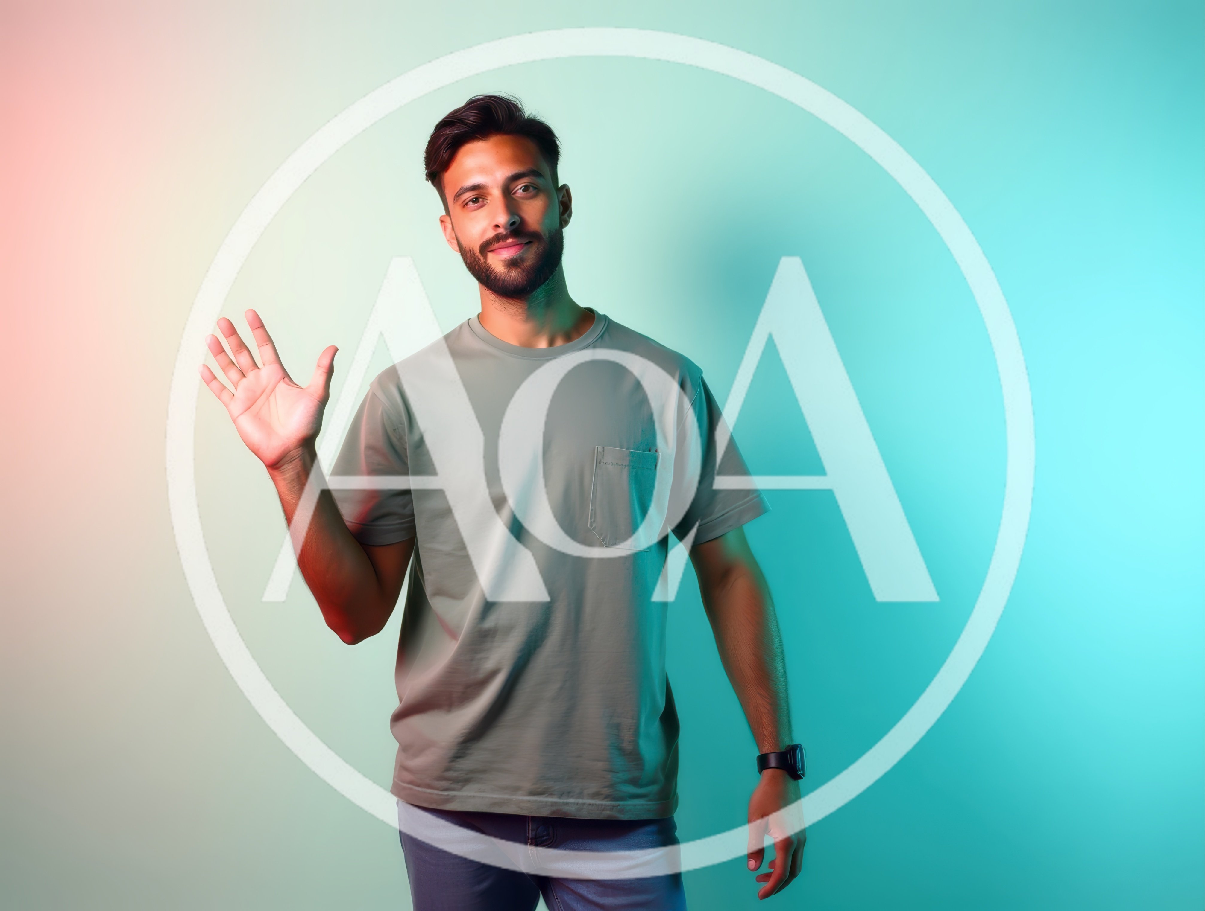Young Man Waving Hello Against Colorful Gradient Background