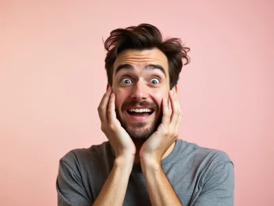 Surprised Young Man With Hands On Cheeks