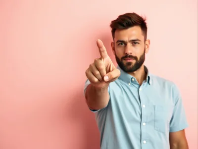 Young Man Pointing Forward Against Pink Background