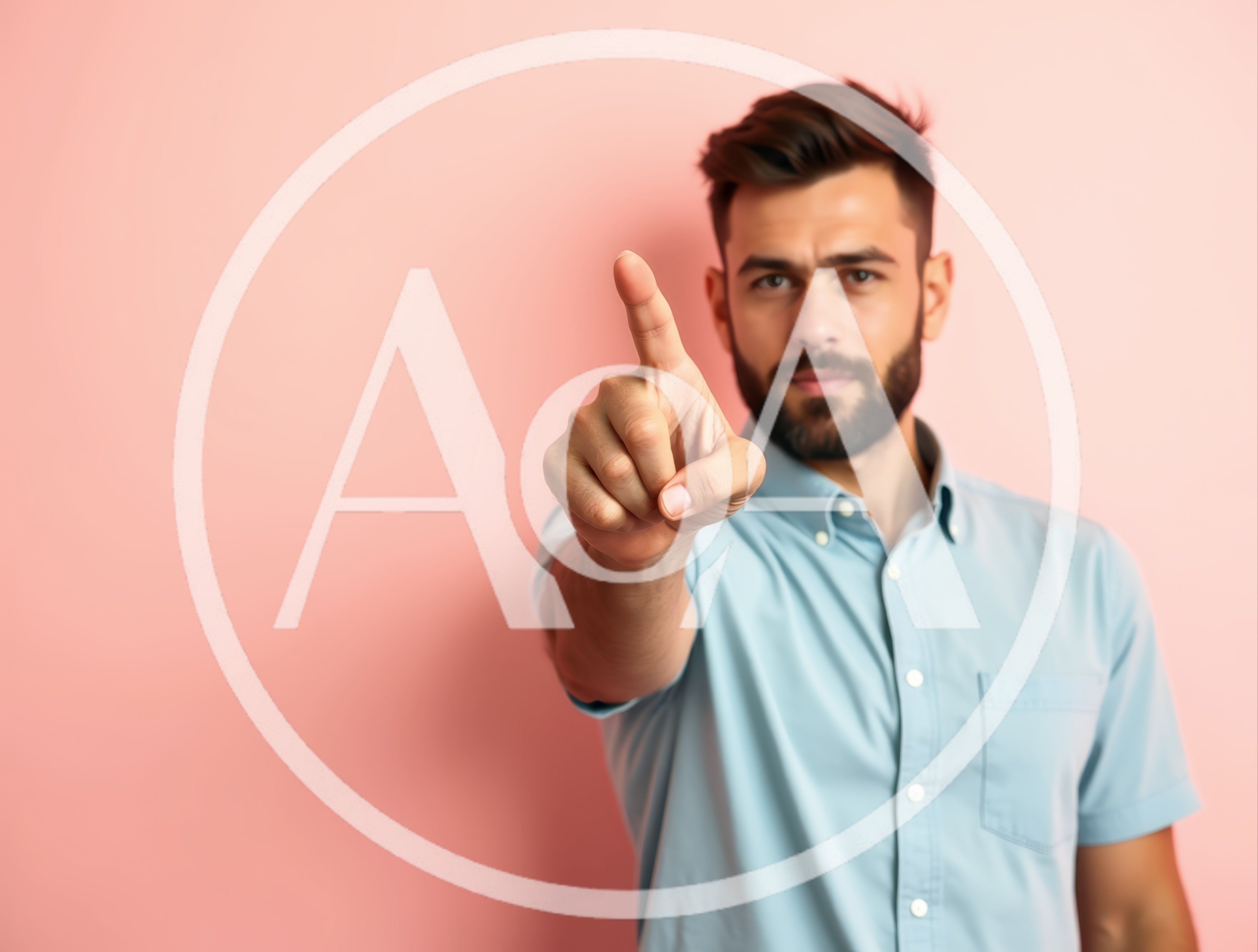 Young Man Pointing Forward Against Pink Background