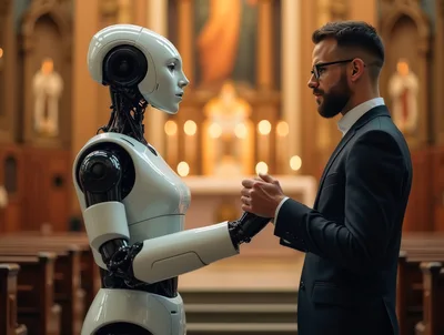 Man Holding Hands With Humanoid Robot In Church