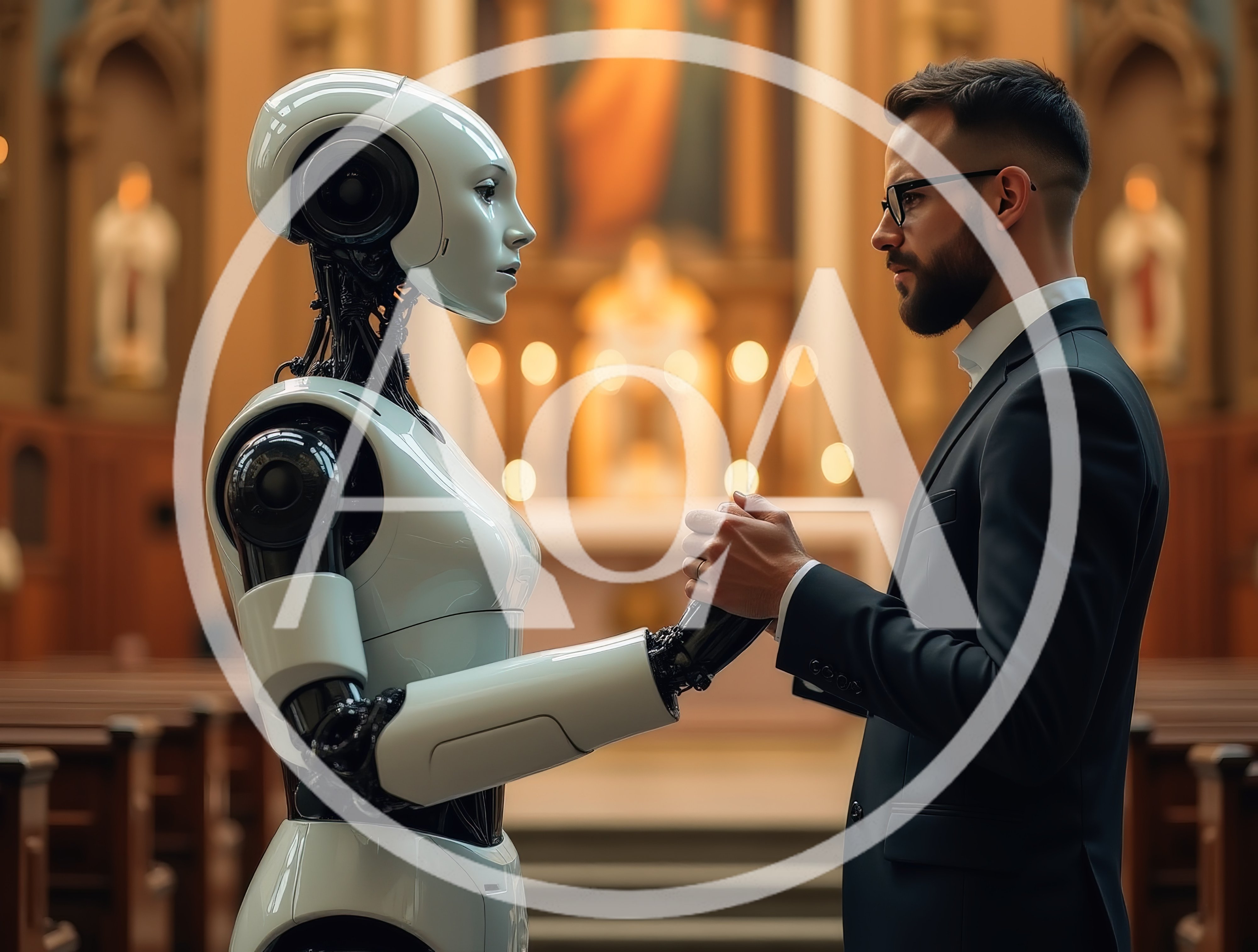 Man Holding Hands With Humanoid Robot In Church