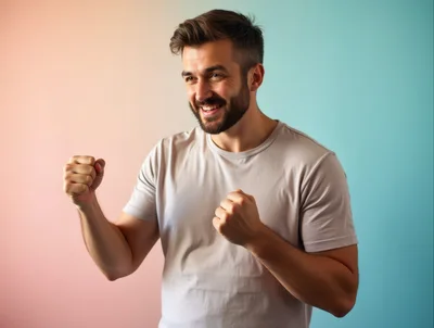 Happy Man Celebrating Success With Clenched Fists