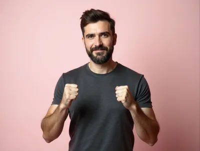 Portrait Of A Happy Man With Fists Raised