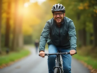 Happy Man Cycling On A Forest Road