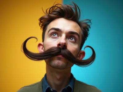 Young Man With Elaborate Handlebar Mustache Looking Up