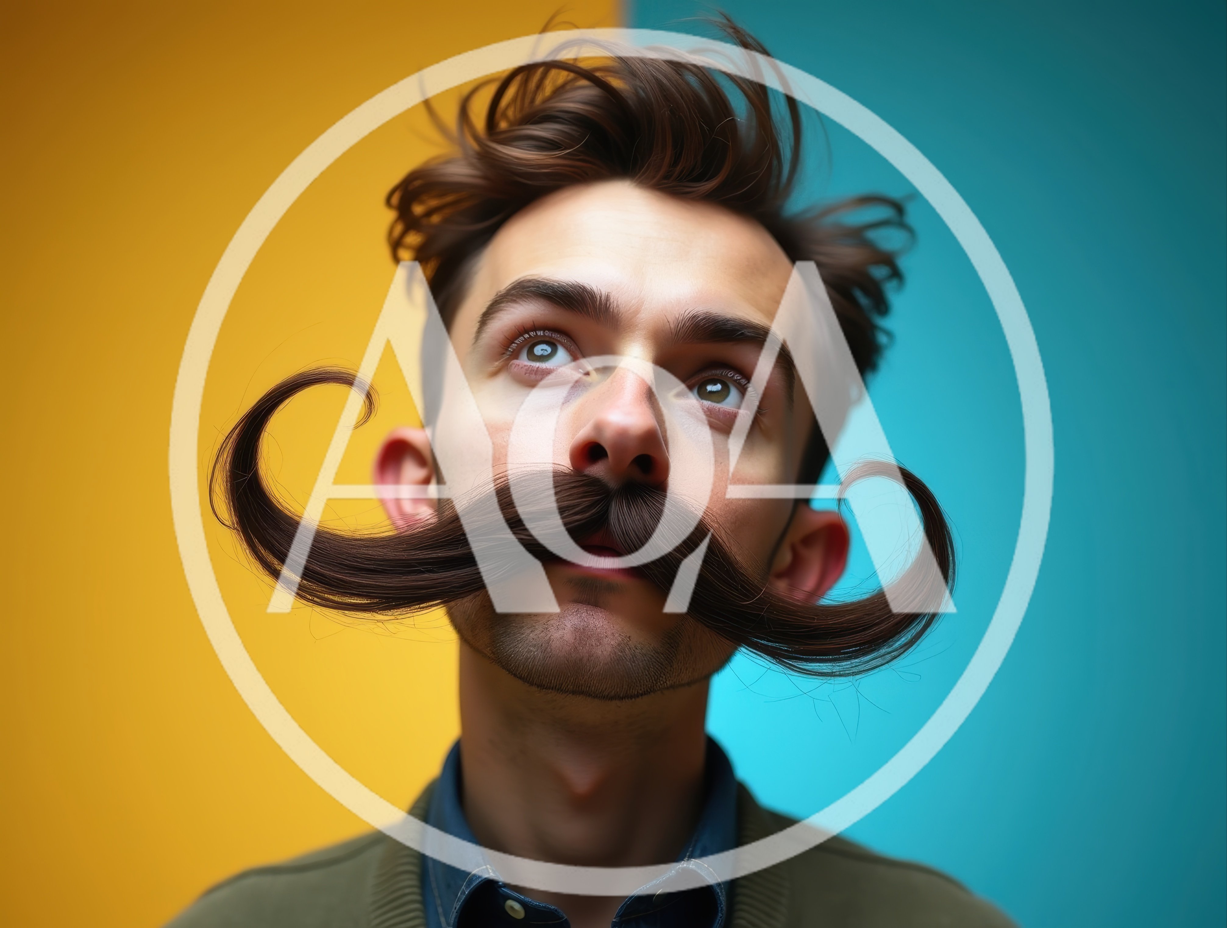 Young Man With Elaborate Handlebar Mustache Looking Up