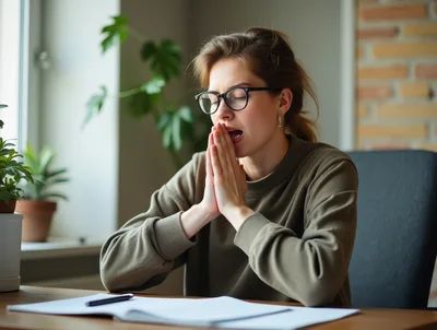 Tired Woman Yawning While Studying At Her Desk