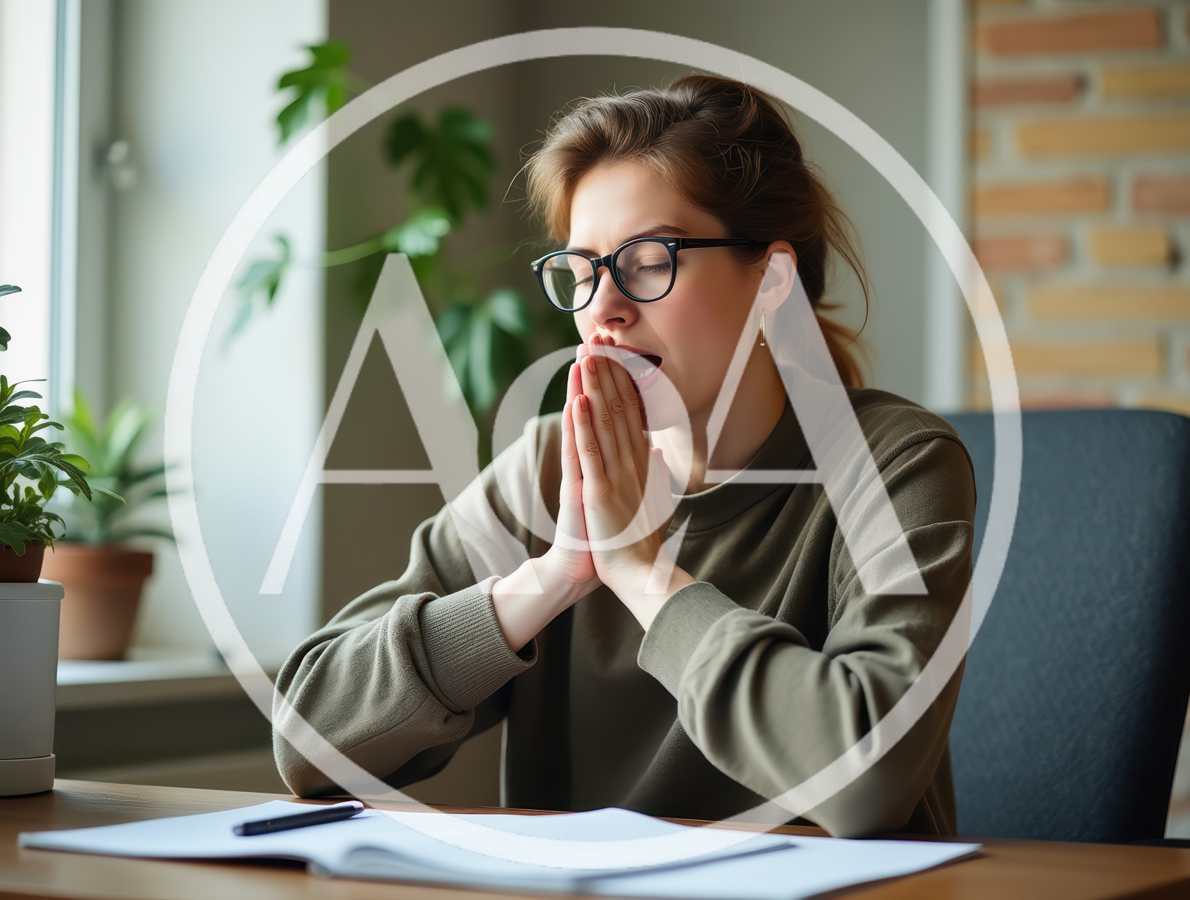 Tired Woman Yawning While Studying At Her Desk
