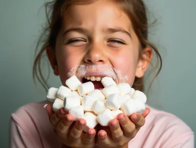 Young Girl Eating A Handful Of White Marshmallows