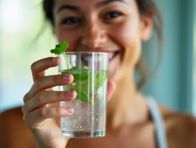 Smiling Woman Holding A Refreshing Mint Infused Water