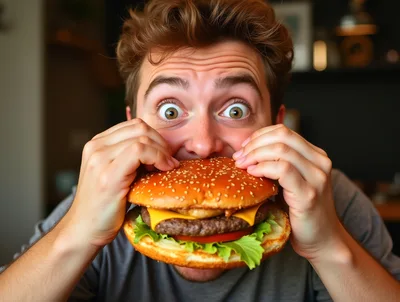 Young Man Eating A Large Cheeseburger