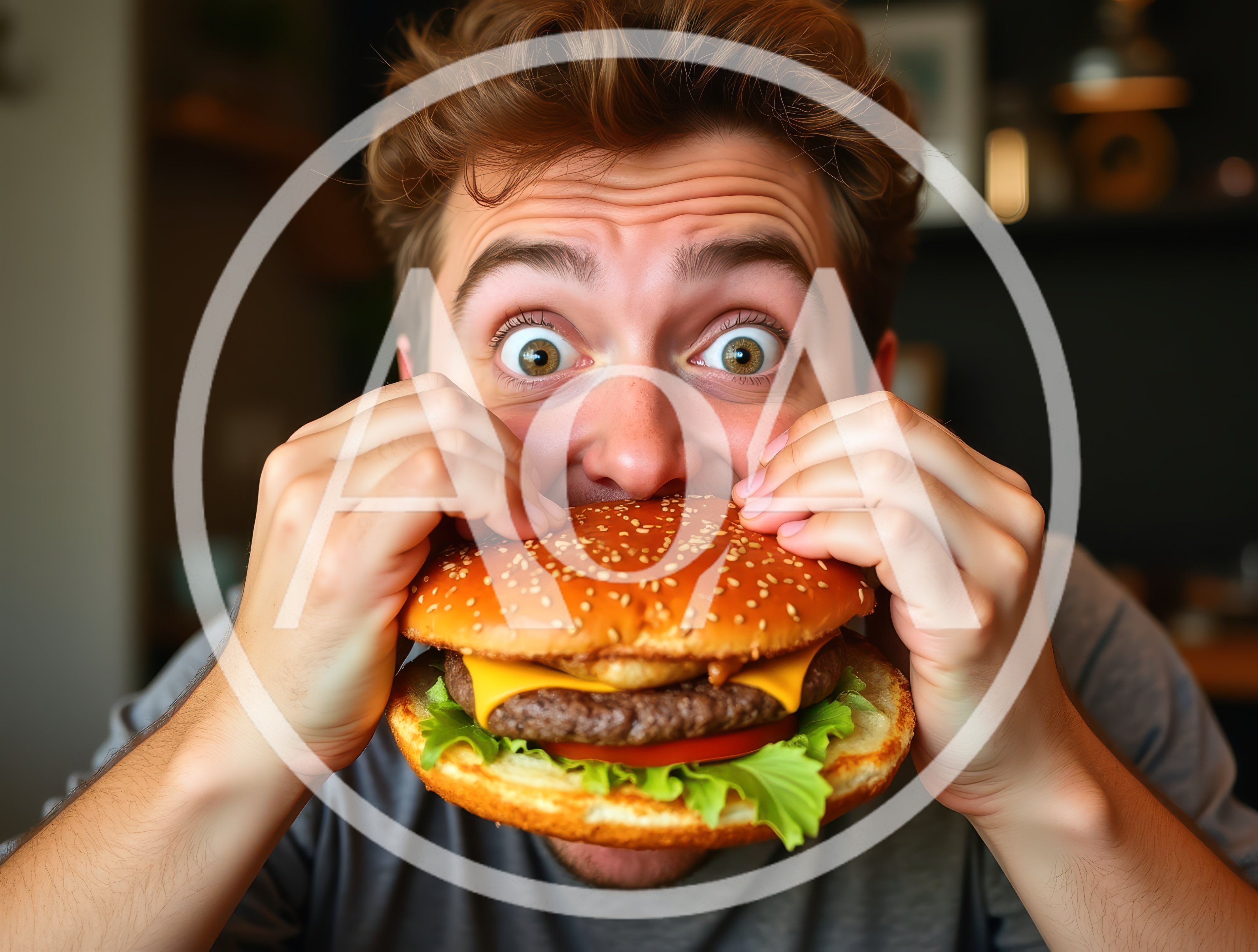 Young Man Eating A Large Cheeseburger