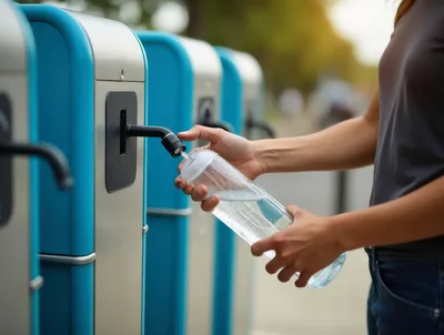 Person Filling Reusable Water Bottle At Public Station