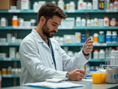Pharmacist Writing Prescription Notes In A Pharmacy
