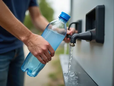 Person Filling Plastic Water Bottle At Public Fountain
