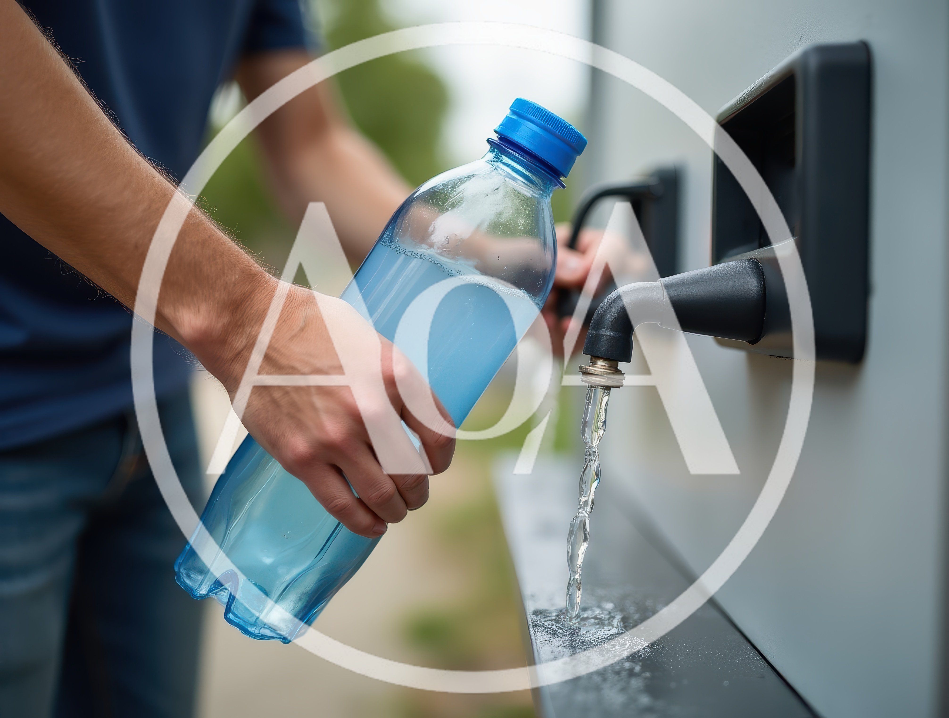 Person Filling Plastic Water Bottle At Public Fountain