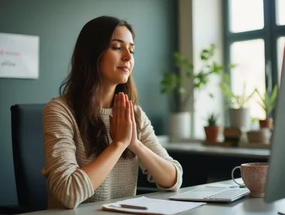 Young Woman Meditating At Her Office Desk